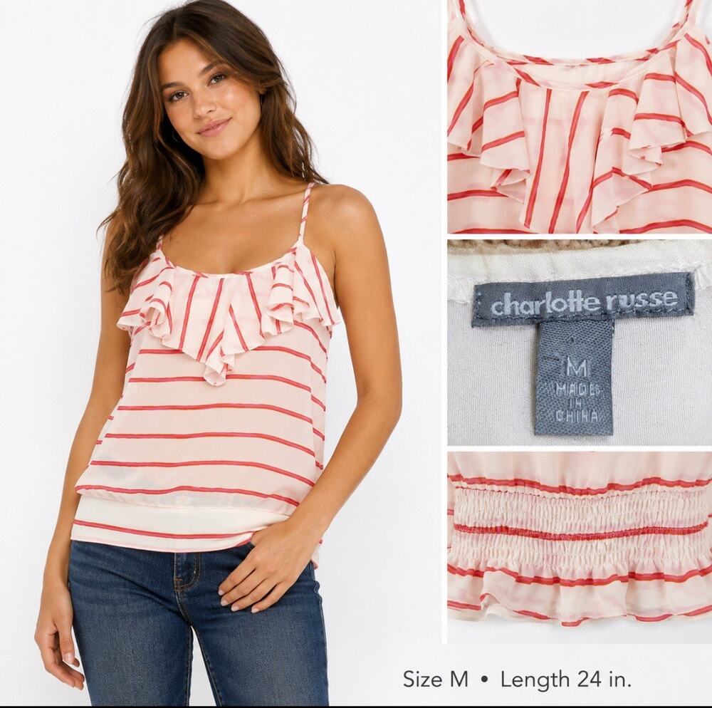 Y2K 2000s Soft Girl Charlotte Russe Ruffle Cami Tank Size M Pink Stripe Boho